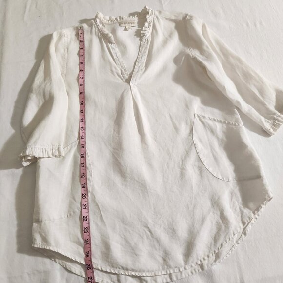 Cynthia Rowley Women's Size M White Linen 3/4 Sleeve Ruffle V-Neck Pockets Top - Picture 13 of 15